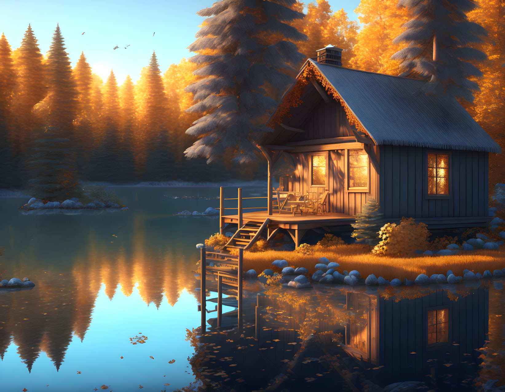 Tranquil autumn landscape with cabin by lake and golden trees