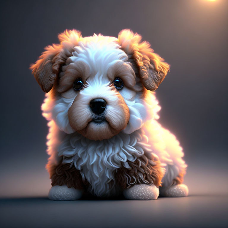 Fluffy brown and white animated puppy under soft light on dark background