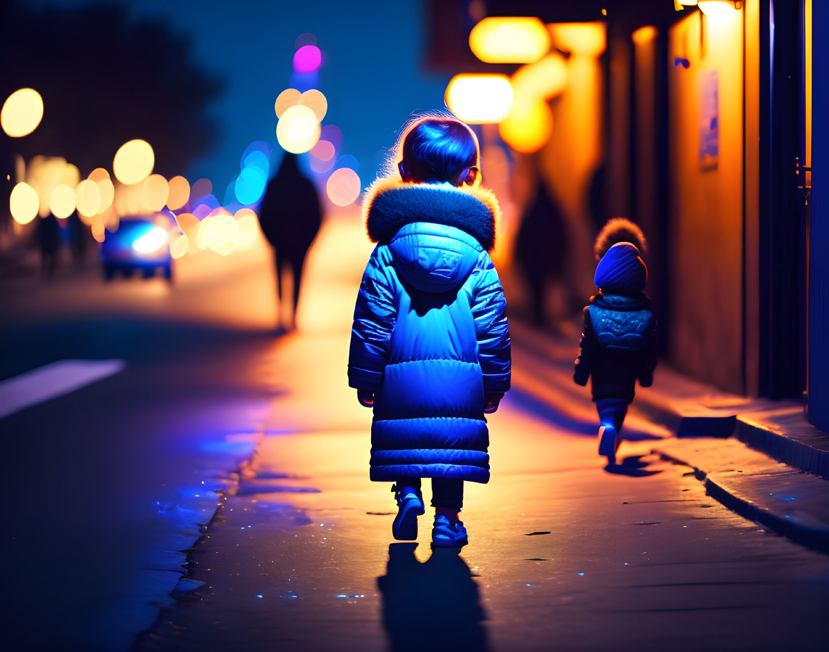 Child in Blue Fur-Hooded Jacket Walking at Night under Street Lights