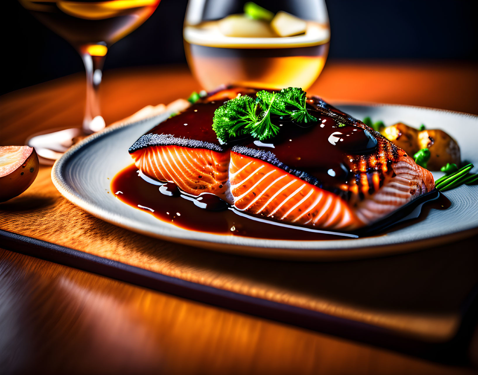 Grilled salmon fillet with glaze, herbs, potatoes, cheese, and wine on plate