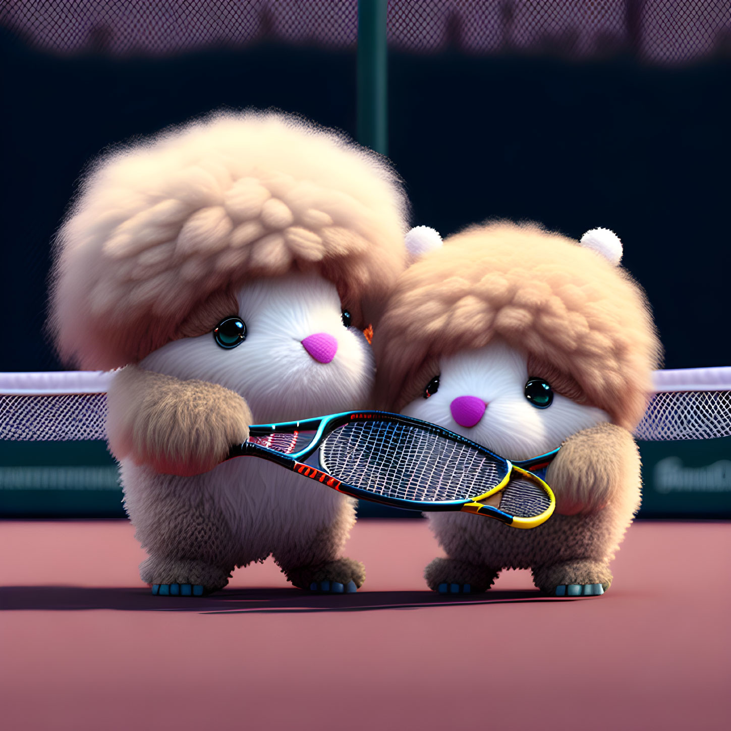 Two fluffy animals with large eyes playing tennis at a court during dusk or dawn