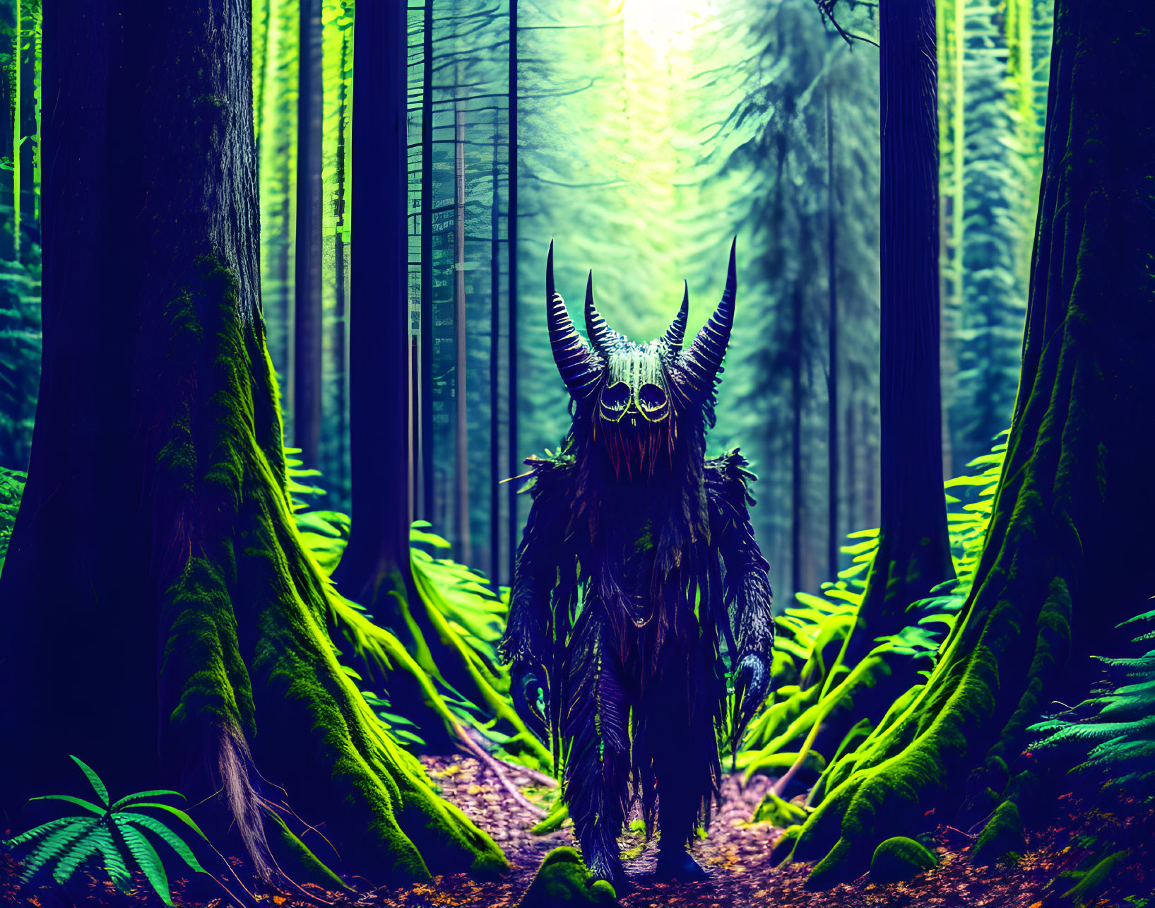 Mystical figure with horns in vibrant forest with eerie blue light