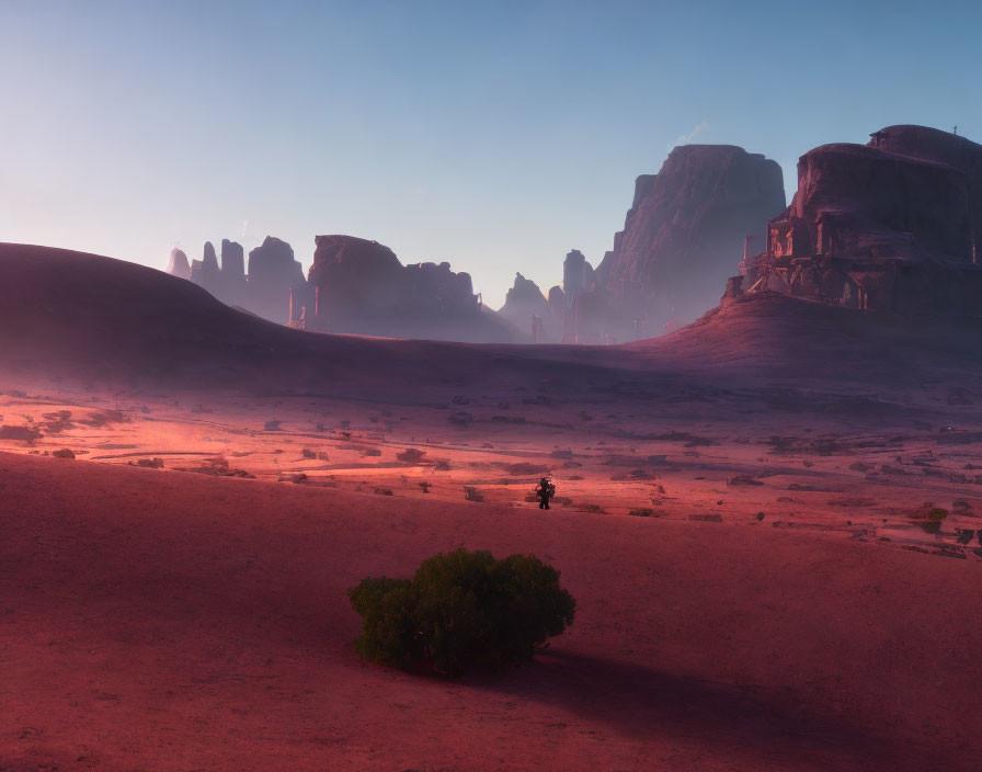 Solitary tree in vast desert with towering rock formations under purple sky.