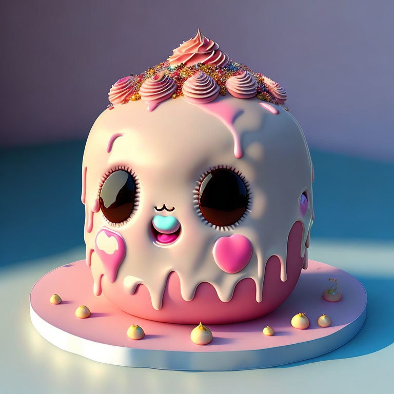 Whimsical 3D-Rendered Cake with Cute Face and Pink Icing