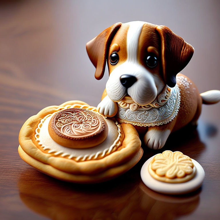 Brown and White Puppy Figurine with Decorative Collar Next to Ornate Cookies