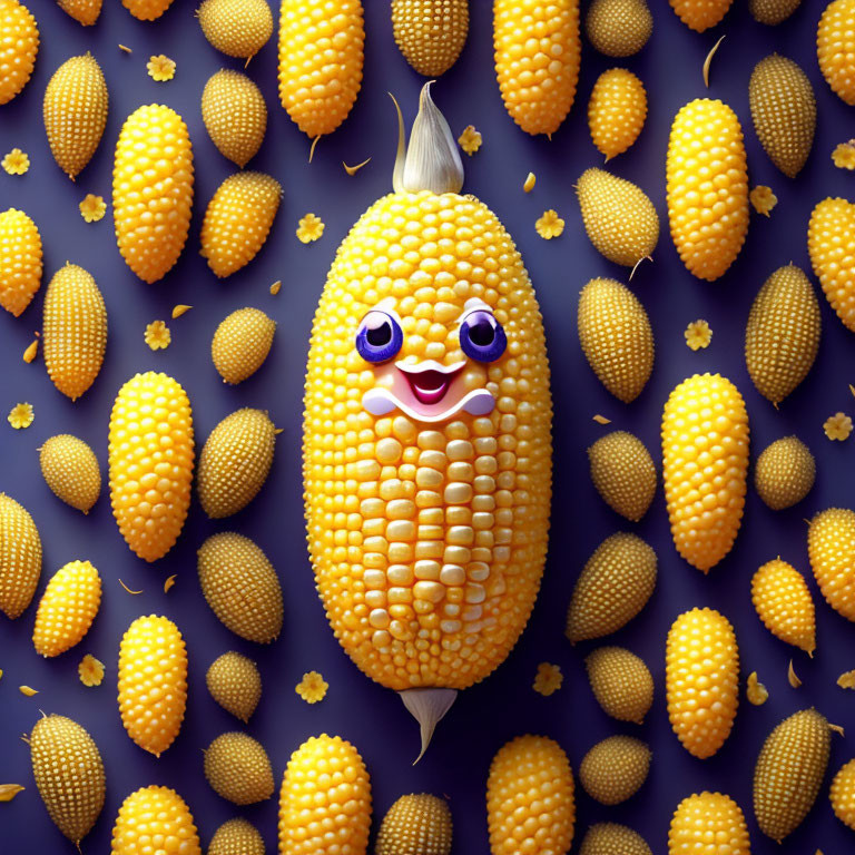 Cheerful cartoon corn ear with purple eyes on purple background