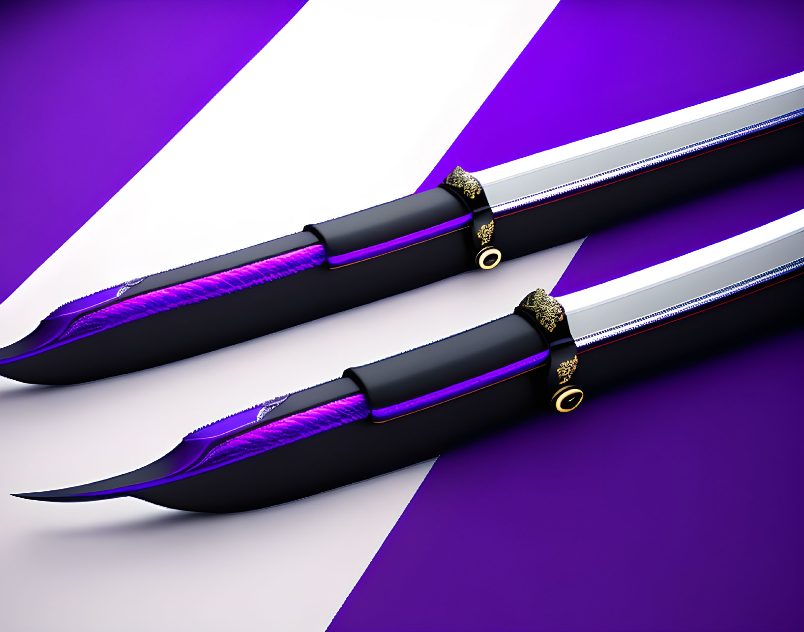 Ornate Japanese Katana Swords with Black and Purple Handles