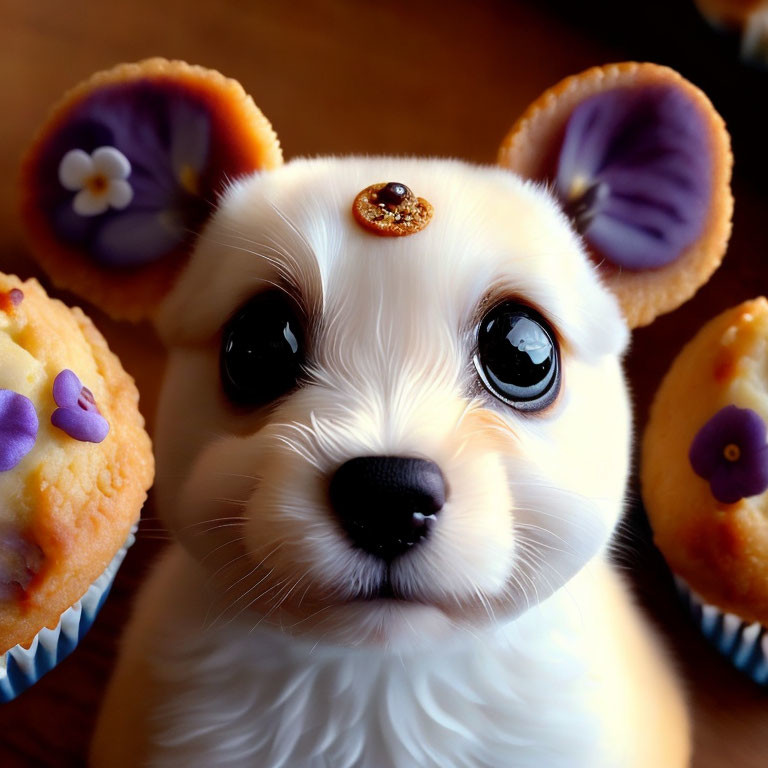 Illustrated puppy close-up with cupcakes and purple flowers.