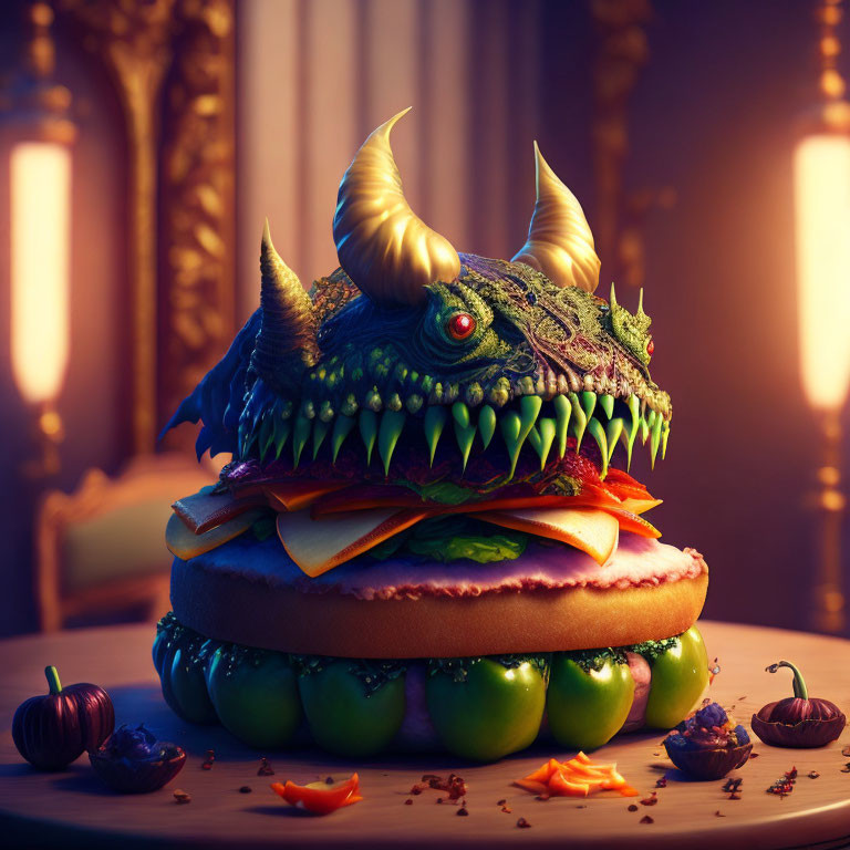 Dragon-themed burger art against warm, moody backdrop