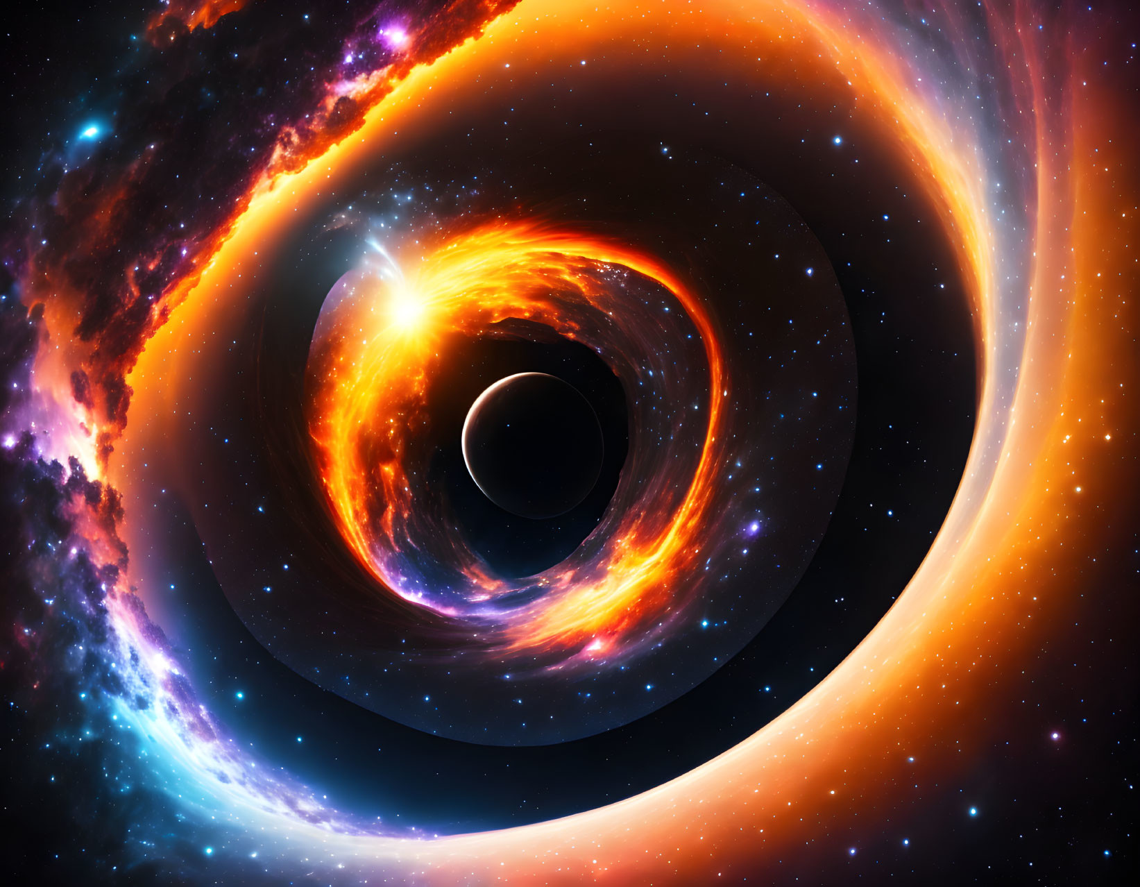 Colorful Space Scene Featuring Black Hole and Interstellar Backdrop