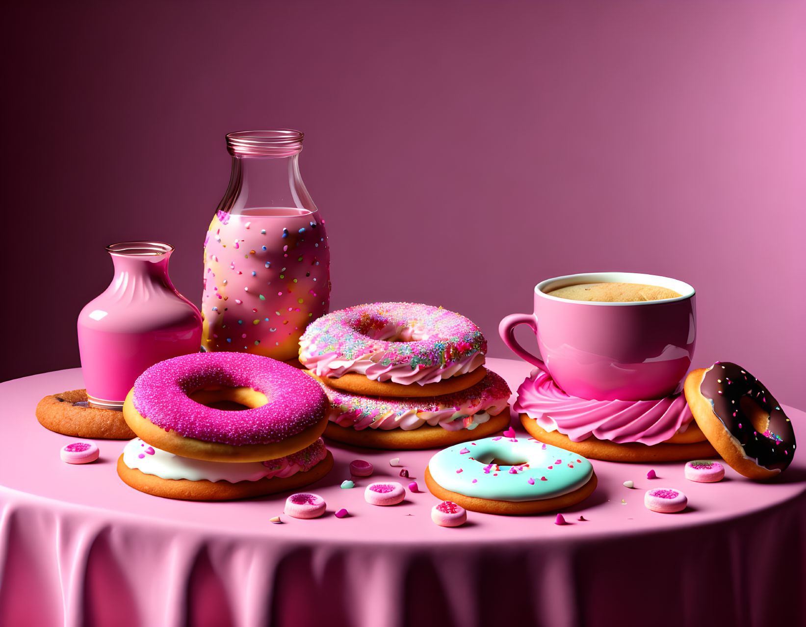 Assortment of pink-themed desserts on pink table with coffee and milk