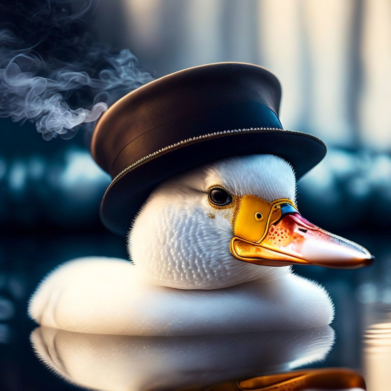 Whimsical white duck with bowler hat and smoke in digital art