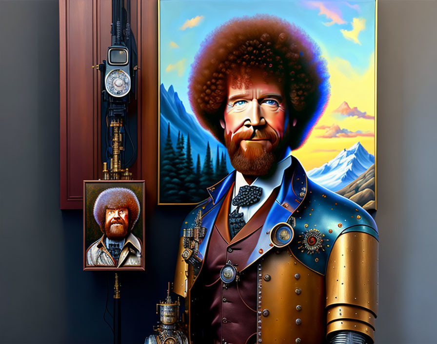 Stylized portrait of figure with large afro in steam-punk attire against alpine backdrop.