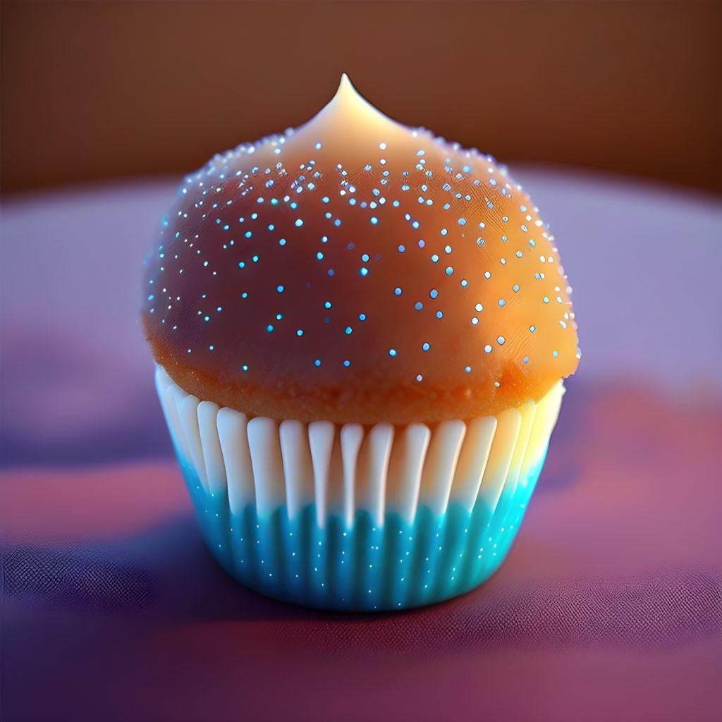 Gradient cupcake with starry icing: blue to orange with cream dollop