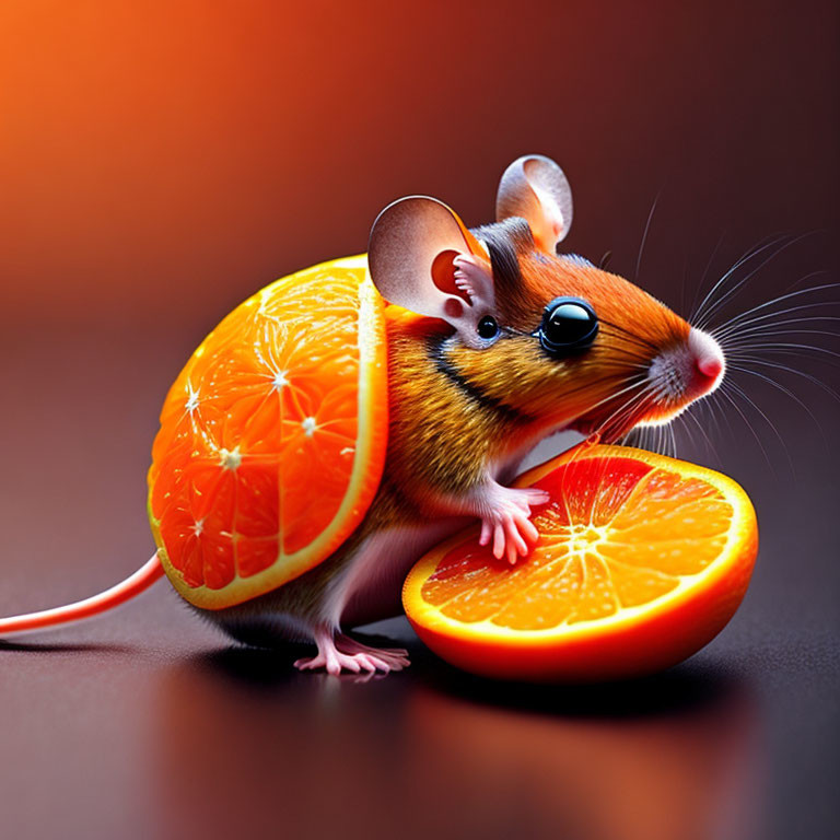 Digital artwork: Mouse with orange fruit body on gradient background