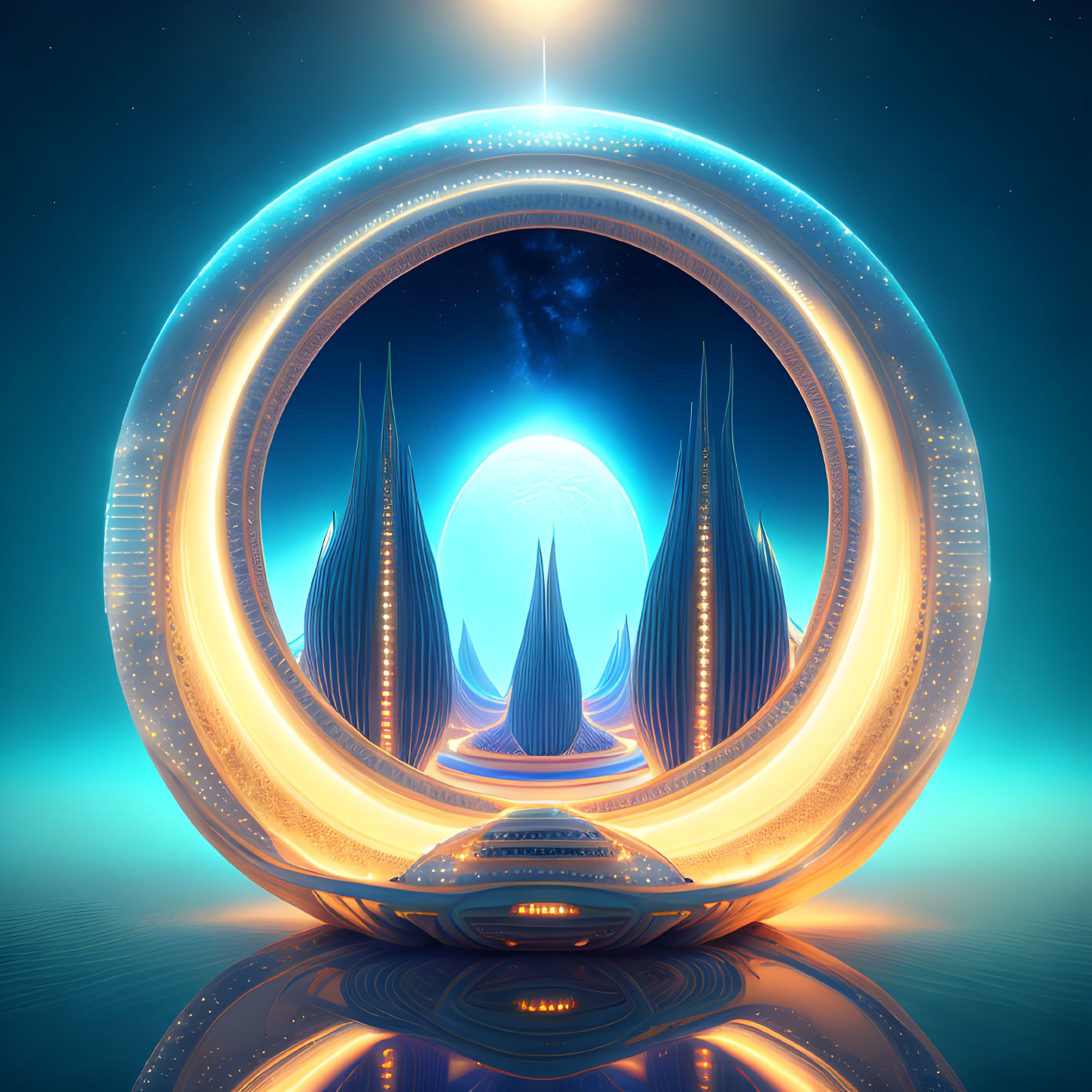 Cityscape with Luminous Structures in Ring Portal Reflecting on Smooth Surface