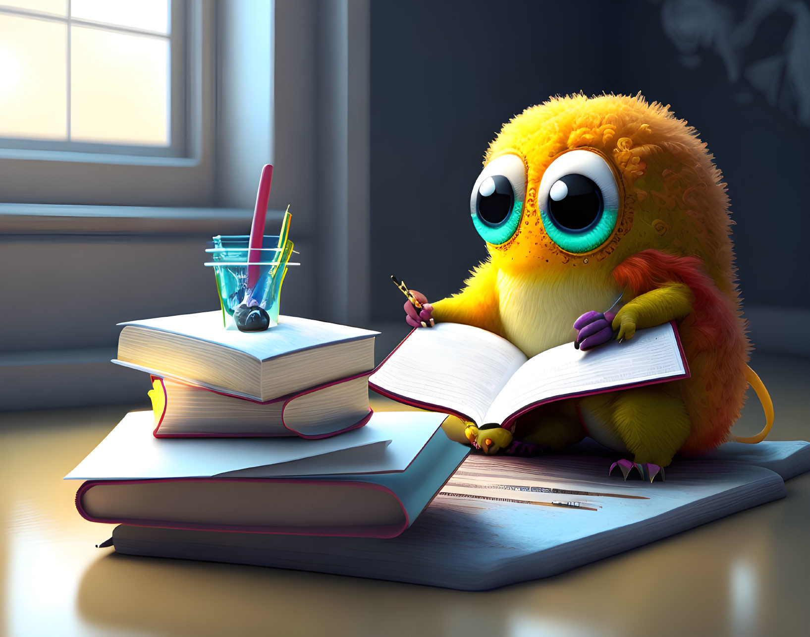 Fluffy yellow creature reading book at desk with pencils and more books