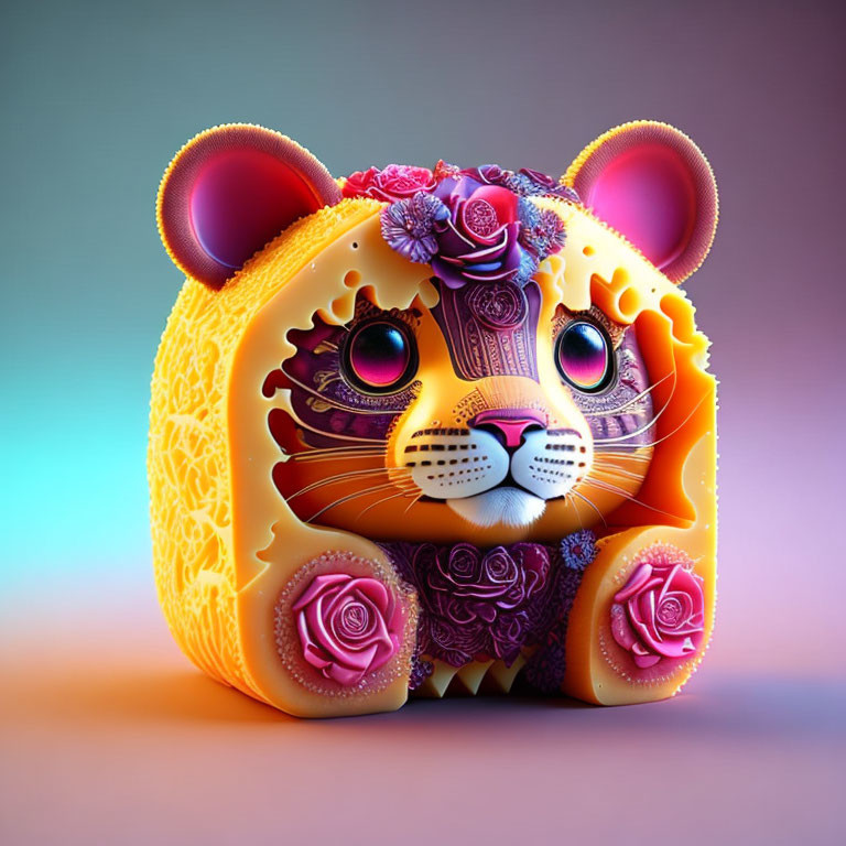 Vibrant digital artwork: stylized cub with intricate patterns and floral motifs