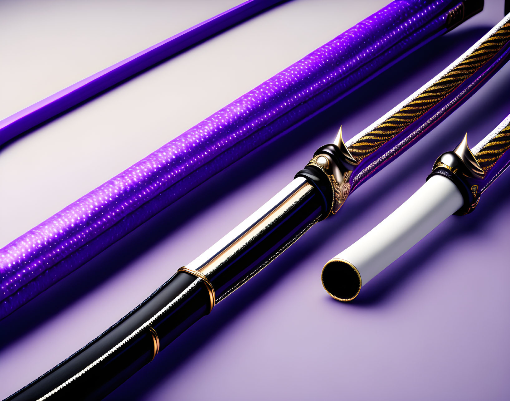 Ceremonial sword with purple and gold hilt on gradient background