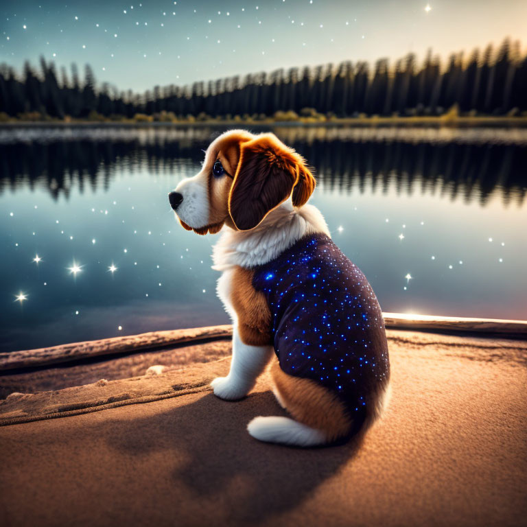 Starry Night Patterned Dog Sitting by Lake at Twilight