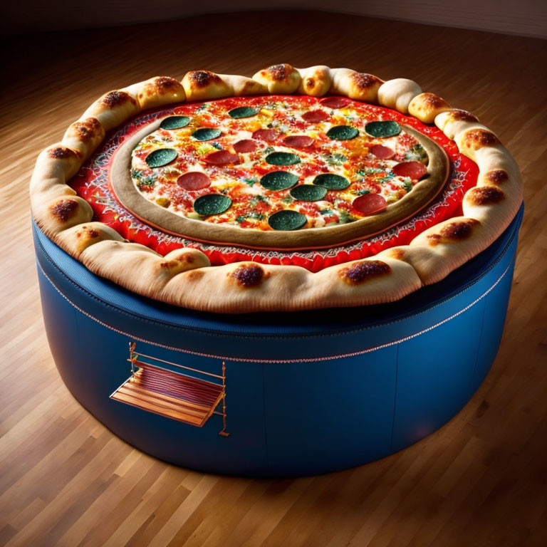 Pizza-themed ottoman on wooden floor