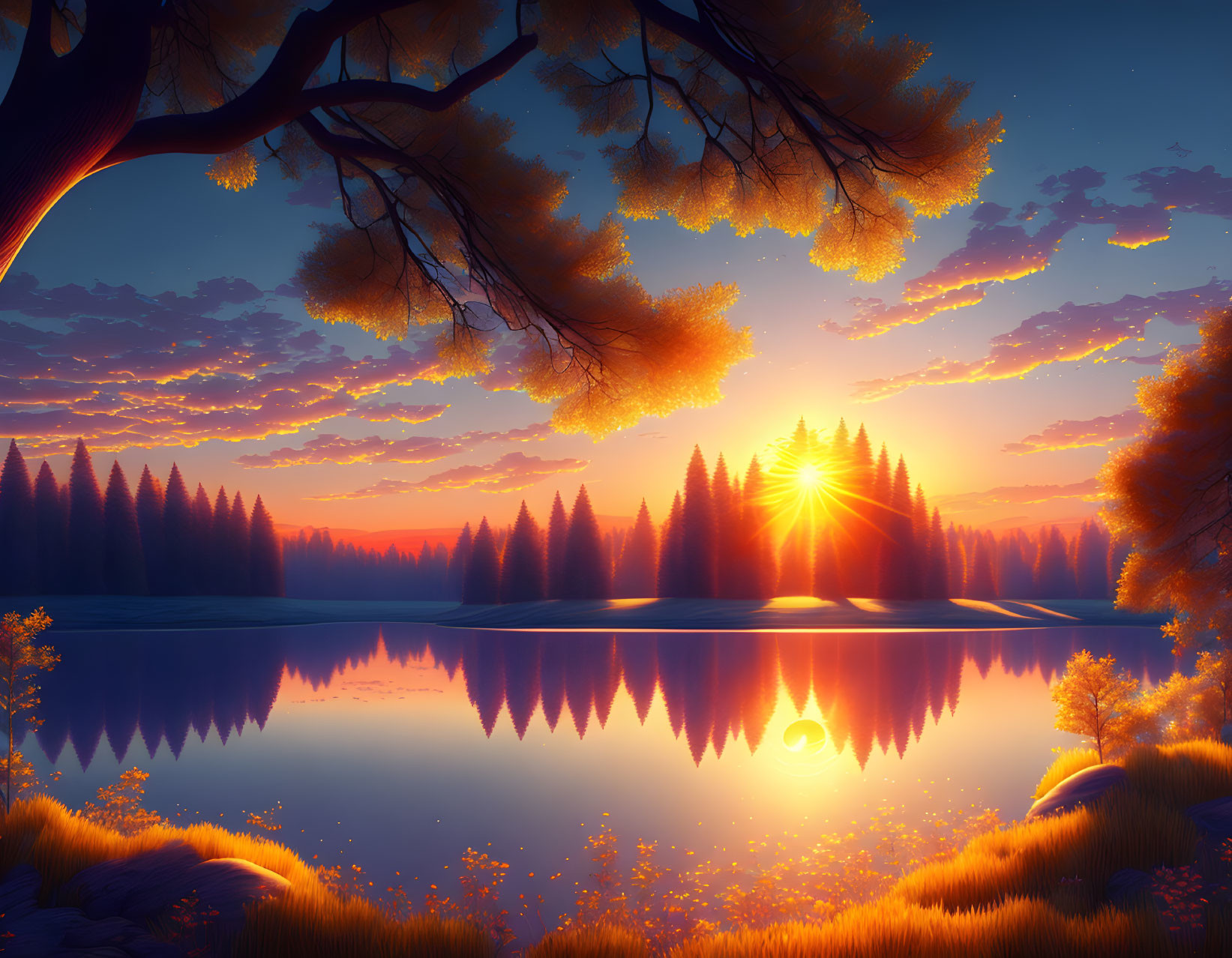 Tranquil sunset over still lake with vibrant orange foliage