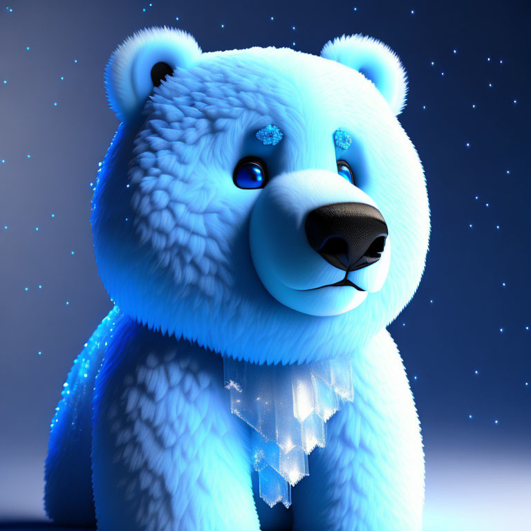 Stylized blue polar bear 3D illustration with crystal necklace under starry sky