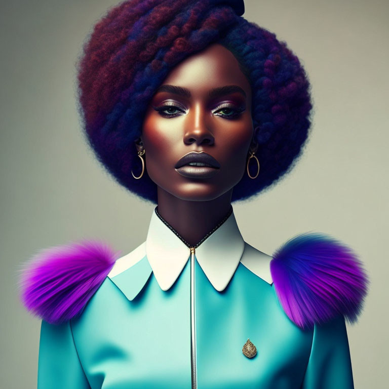 Vibrant image of woman with purple and red afro hair and bold makeup