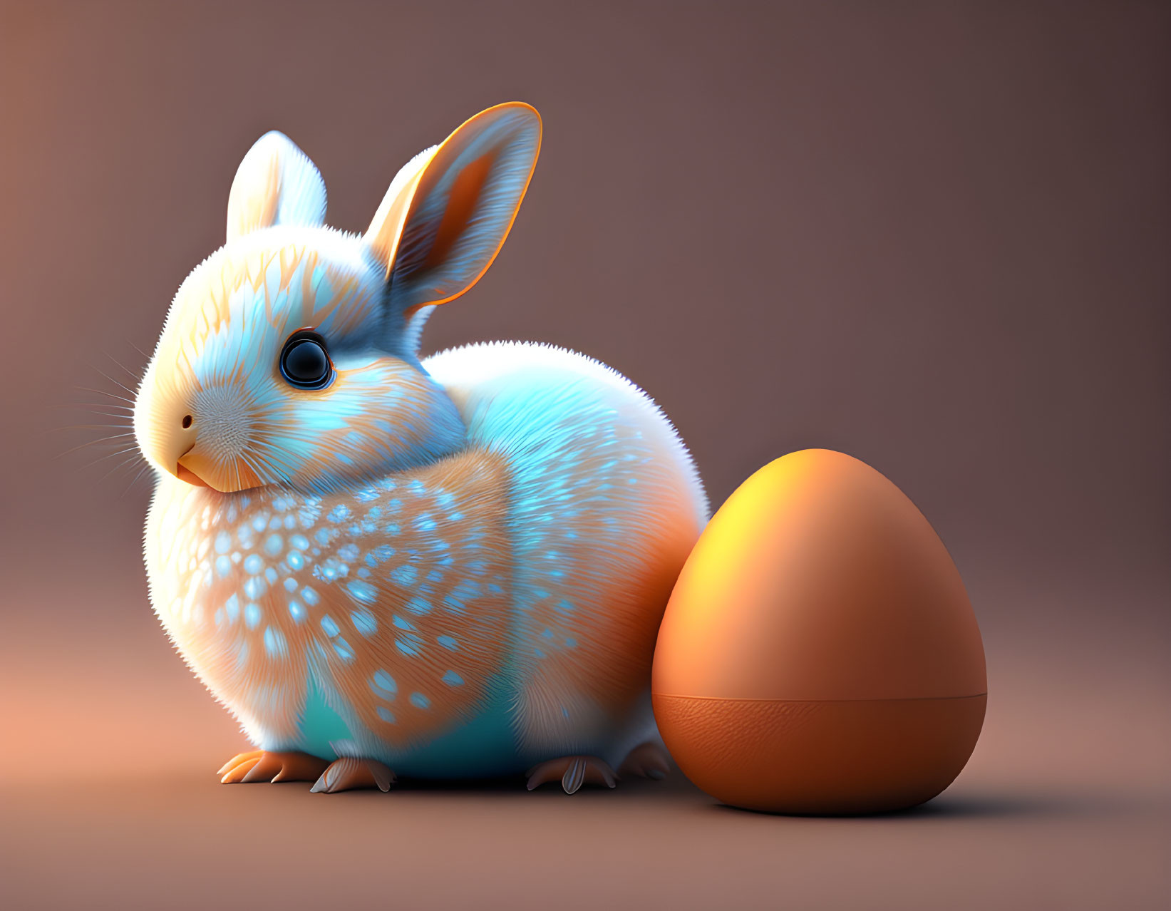 Fluffy white and blue rabbit with chocolate egg on warm-toned backdrop