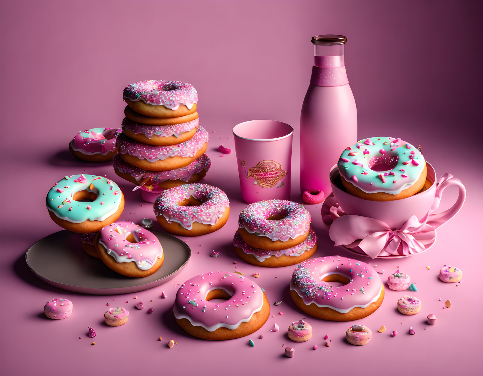 Pastel Pink and Blue Iced Doughnuts with Sprinkles and Drink Set on Coordinating