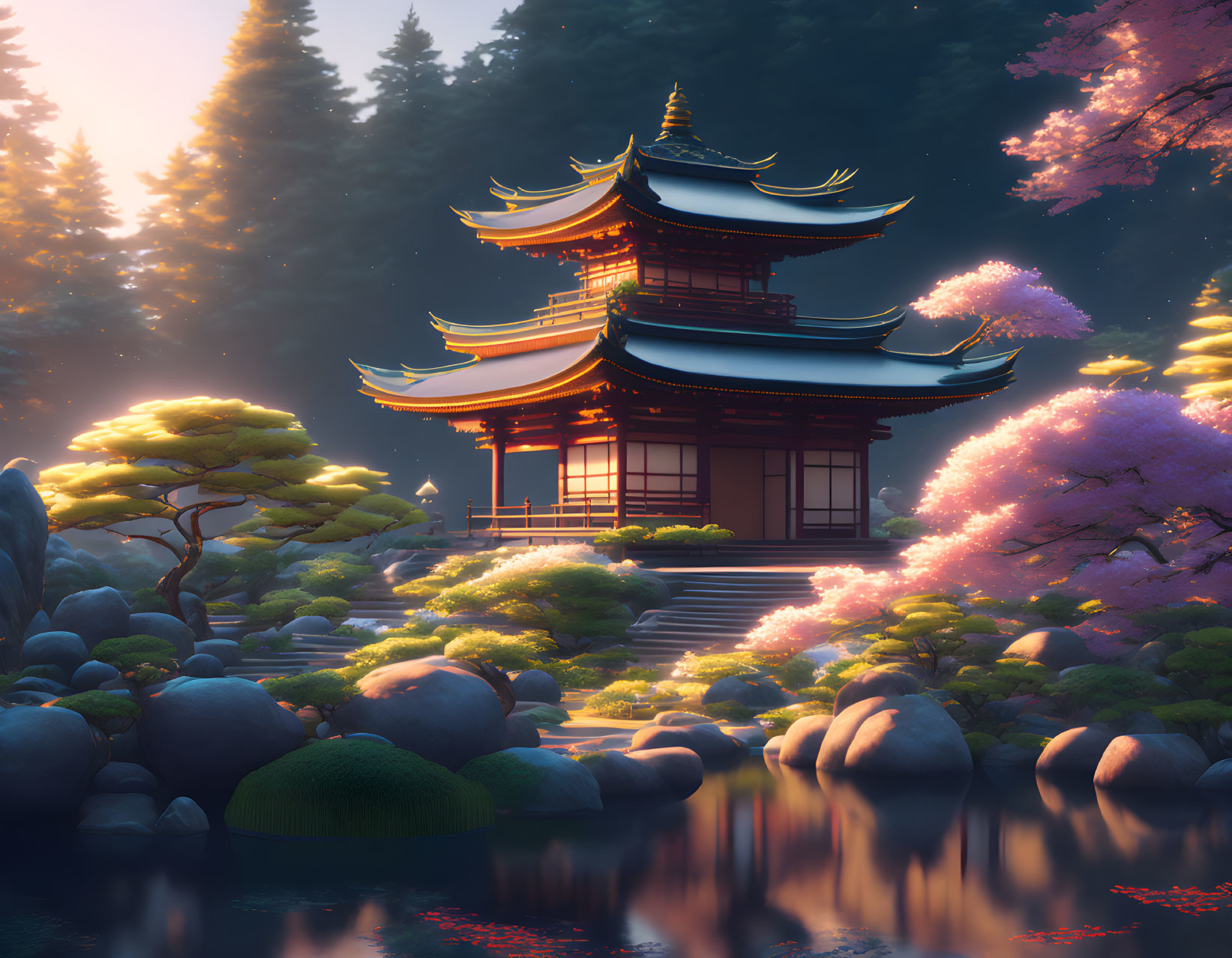 Traditional pagoda surrounded by lush trees and cherry blossoms at sunrise