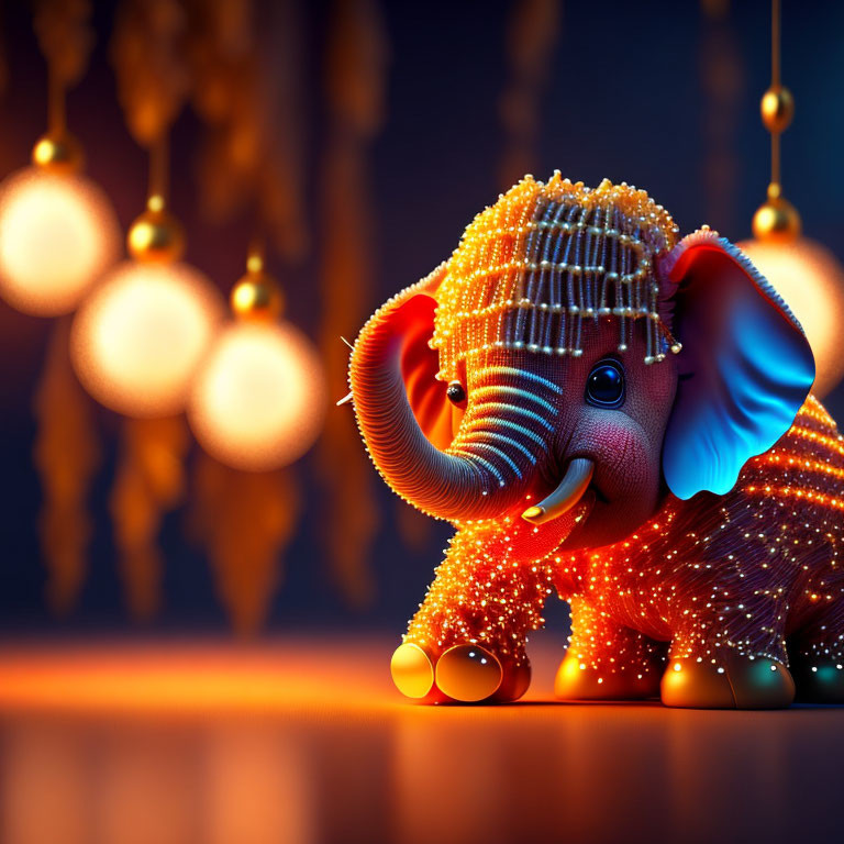 Colorful Decorated Elephant with Glowing Lights on Dark Blue Background