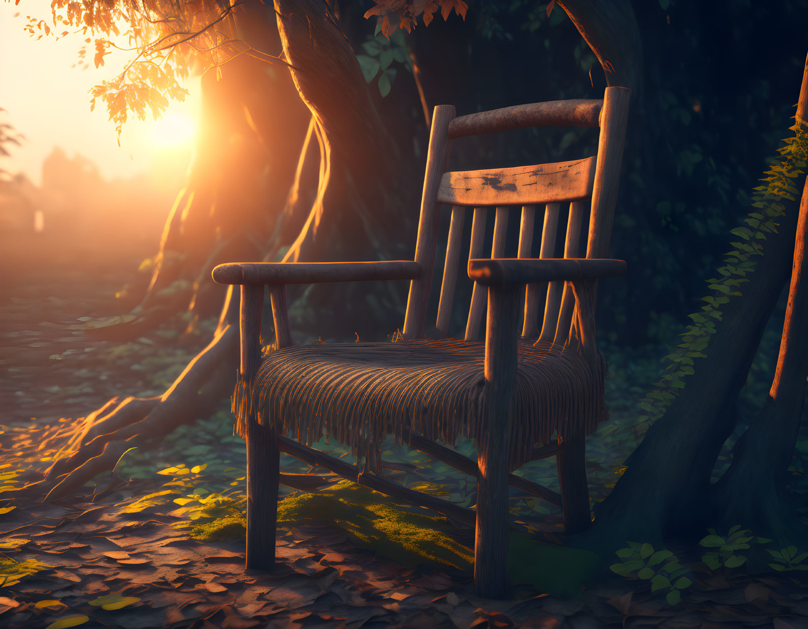 Old Wooden Chair Among Autumn Leaves in Tranquil Forest Setting