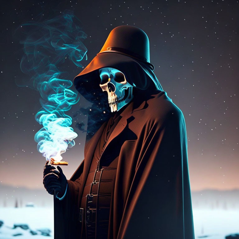 Skull-faced figure in hat and coat holding smoking object under starry sky