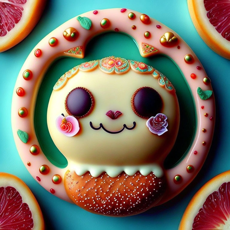 Colorful Donut-Shaped Character with Floral Patterns and Citrus Fruit Slices