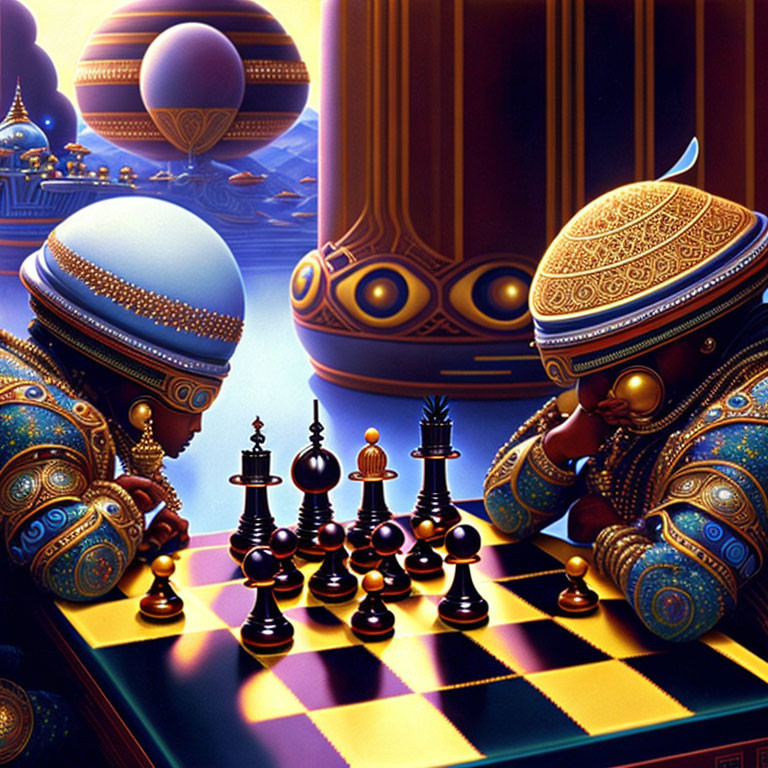 Ornate Robotic Chess Players in Surreal Landscape