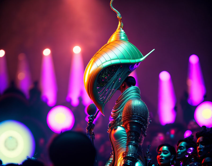 Futuristic figure in metallic costume under purple stage lights