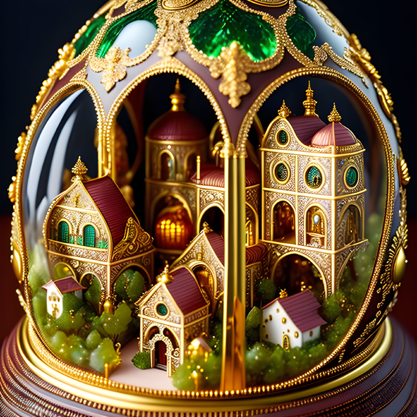 Detailed Miniature Golden Castle in Egg-Shaped Enclosure