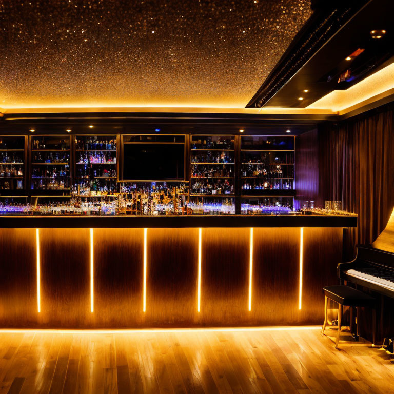 Sophisticated bar with ambient lighting, stocked shelves, glowing countertops, starry ceiling, and grand