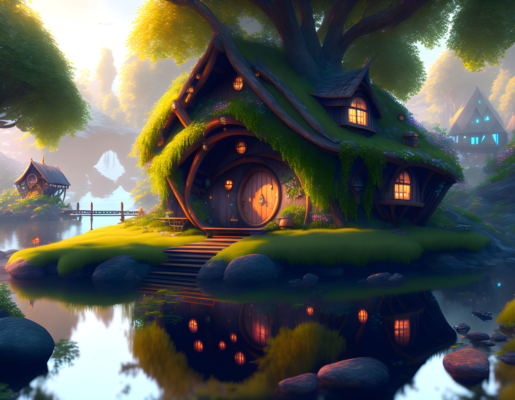 Cozy fairy-tale house by towering tree in magical village at twilight