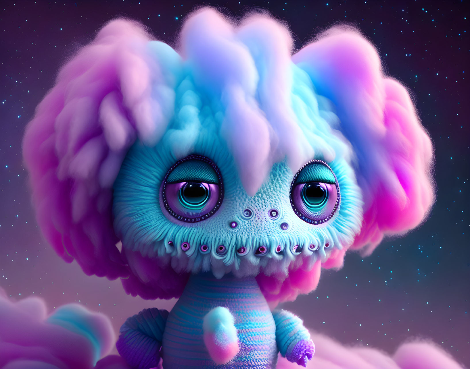 Colorful whimsical creature with large expressive eyes and fluffy pink and blue mane in starry background