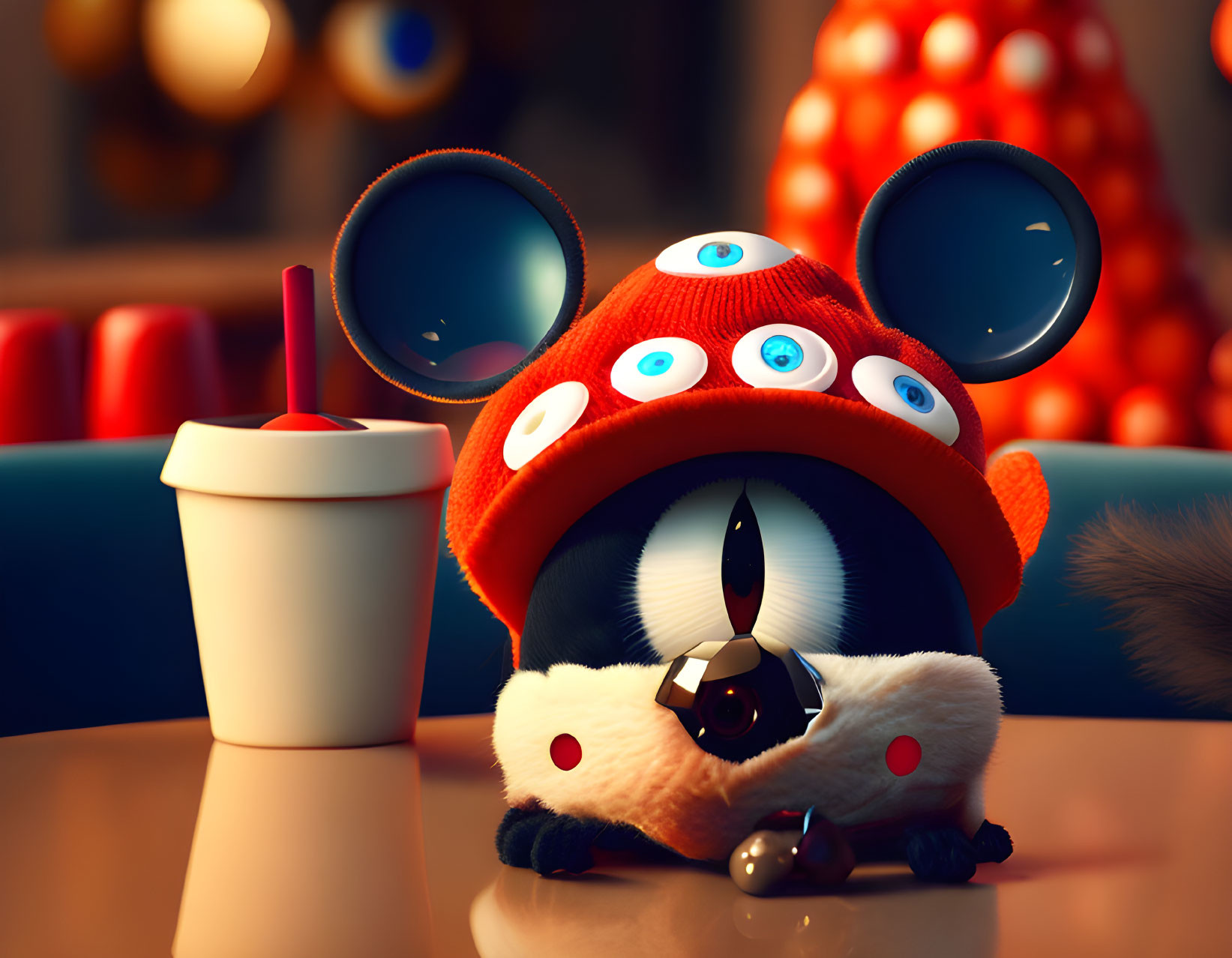 Stylized animated creature with red hat in cozy setting