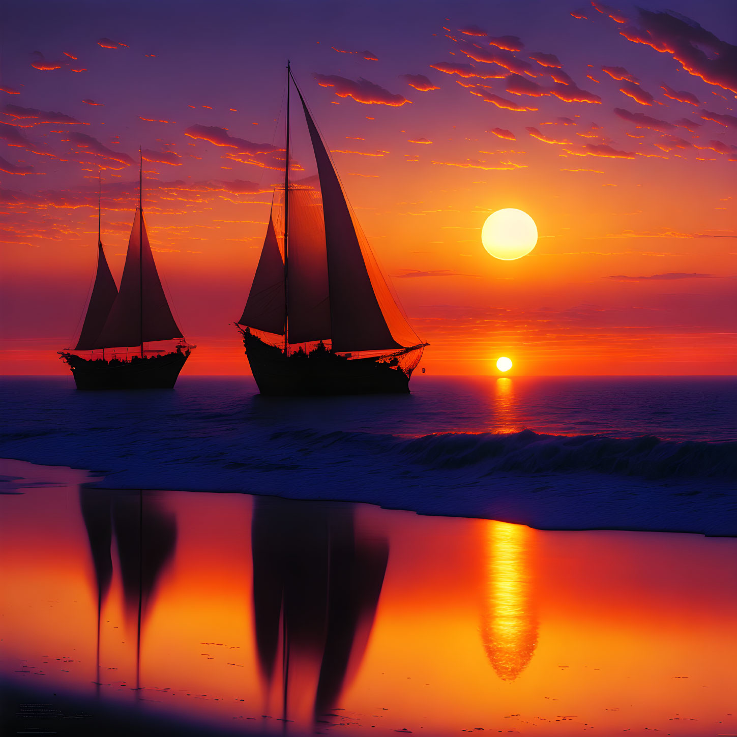 Sailboats on serene sea at vibrant sunset with reflections