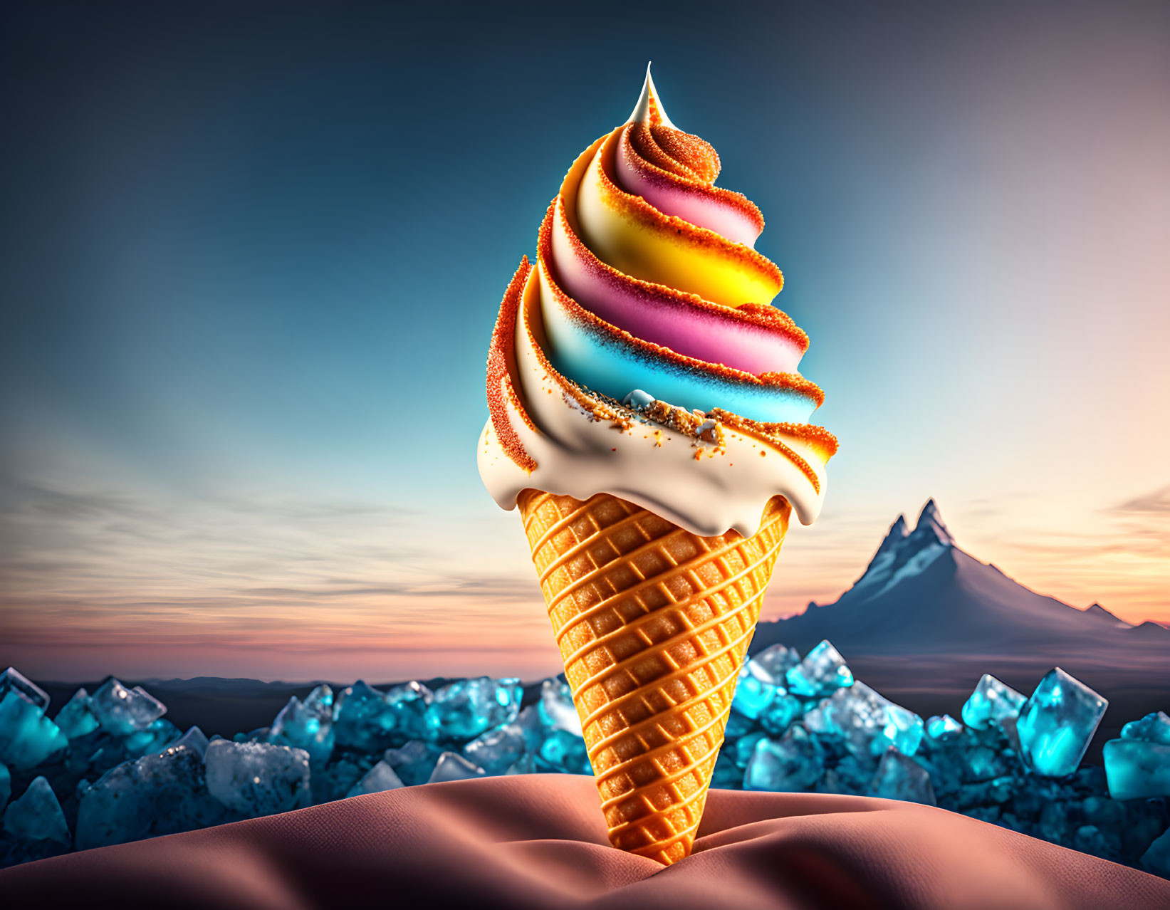 Swirl-patterned soft serve ice cream cone with sparkling sugar on ice cube backdrop at twilight