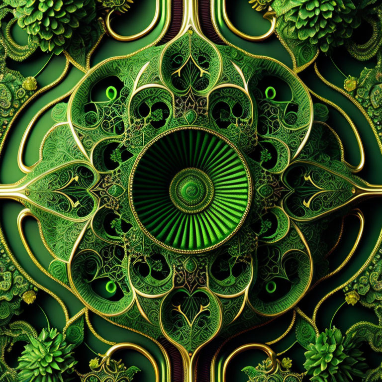 Detailed Green Fractal Image with Intricate Spirals and Leaf-like Designs