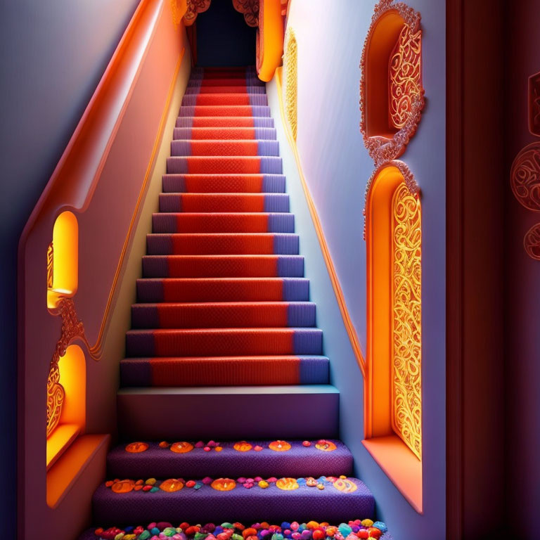 Colorful staircase with blue walls, orange accents, patterned steps, and decorative frames