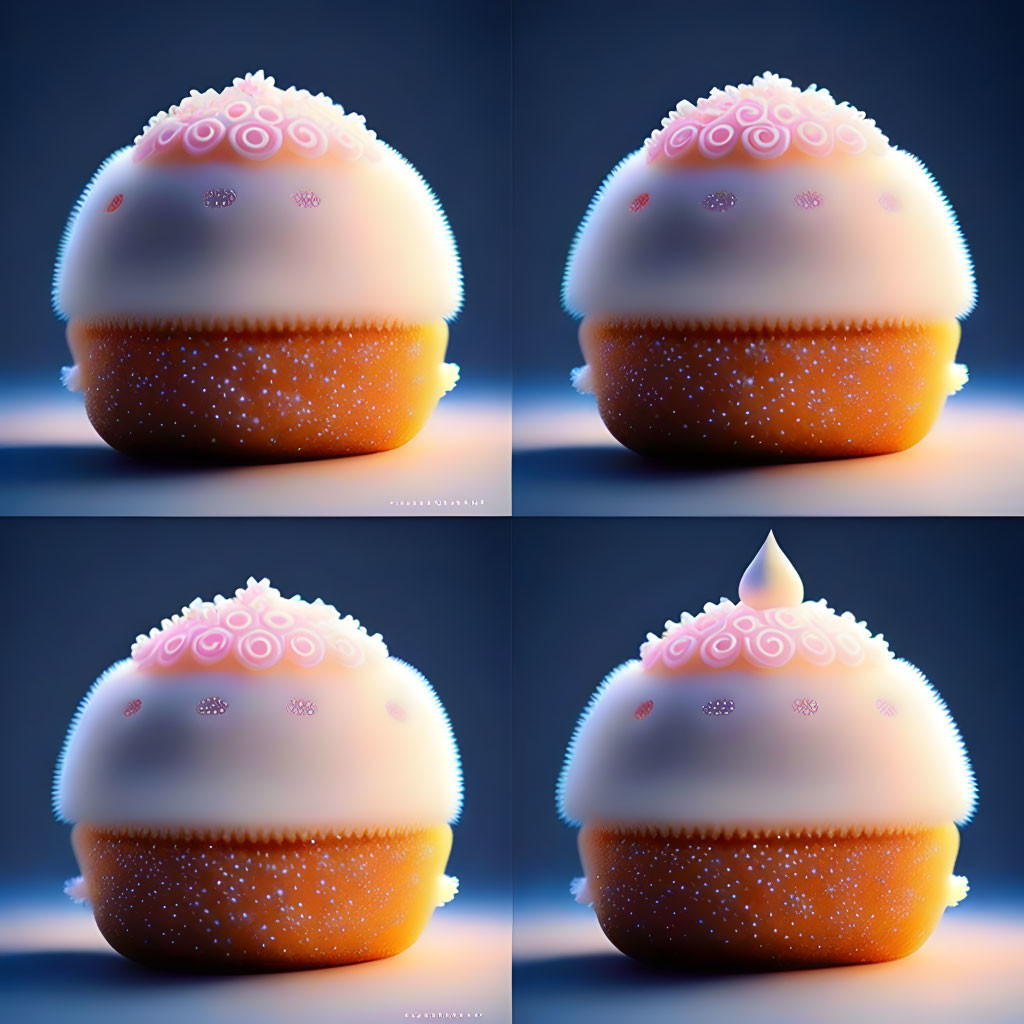 Four whimsical cupcake-like dessert images on blue gradient background