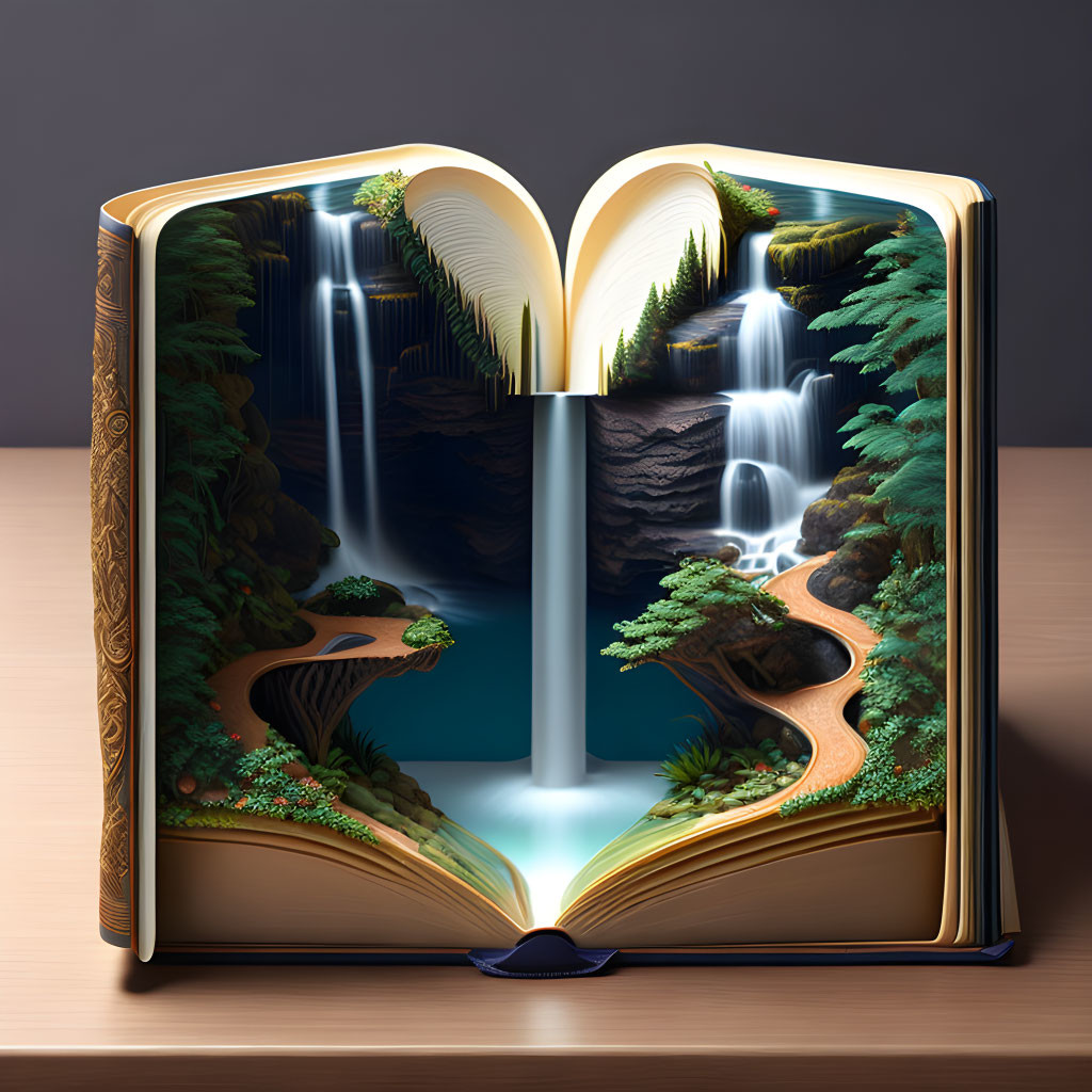 Open book on table: 3D lush forest landscape with waterfalls