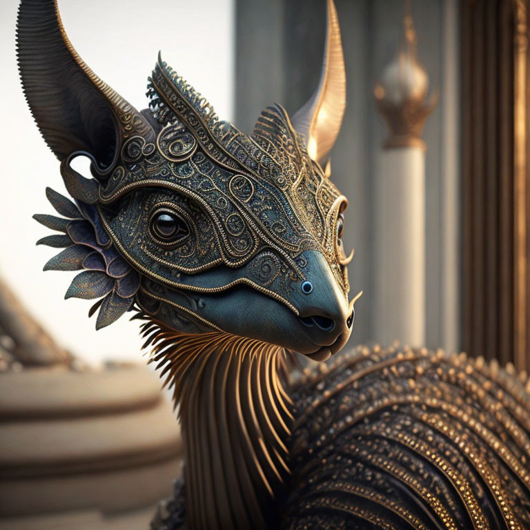 Detailed Metallic Dragon Sculpture Against Architectural Background