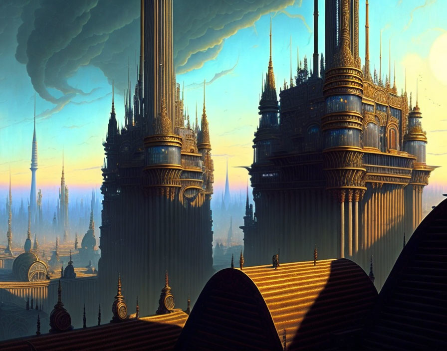 Fantastical cityscape with golden spires and Gothic architecture